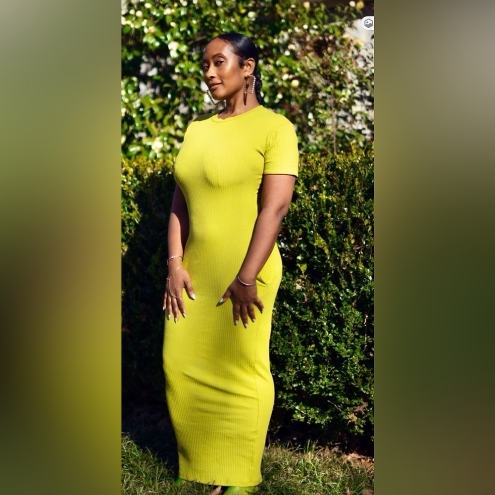 Yellow Ribbed Short-Sleeve Bodycon Dress - Unbranded